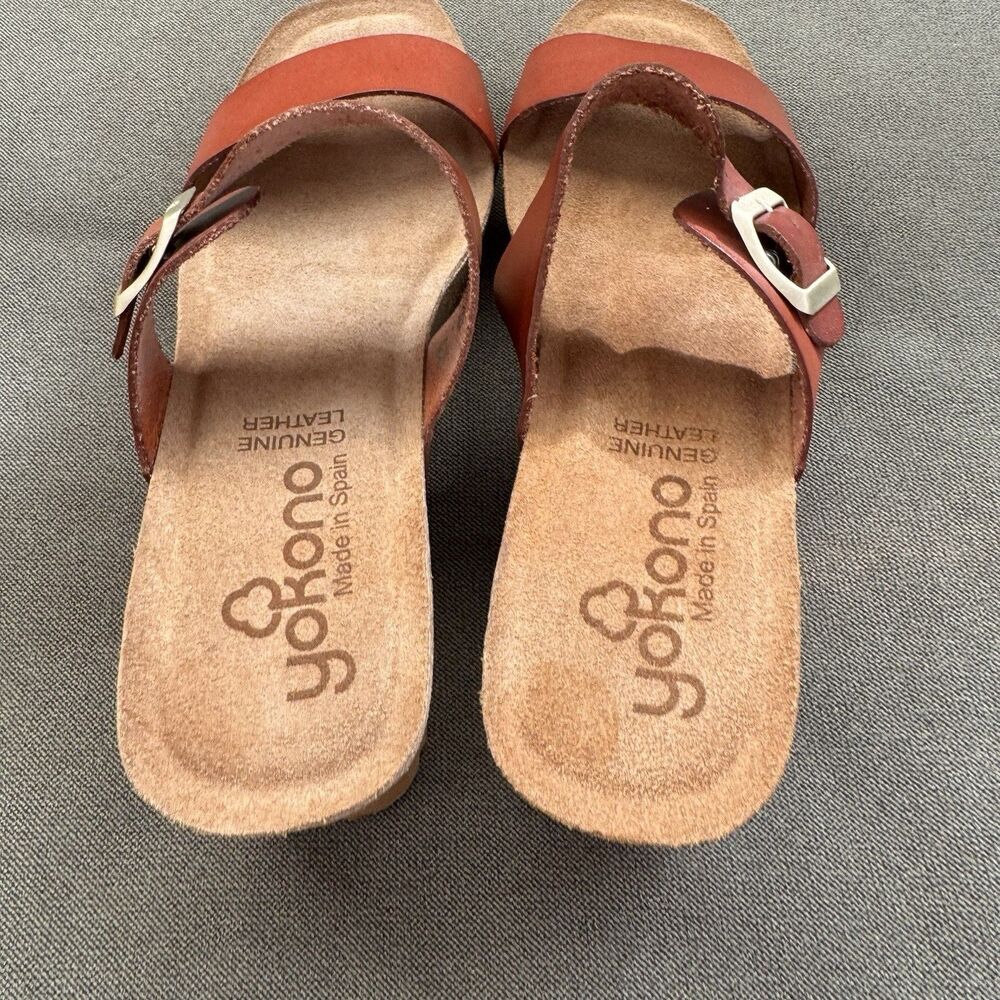 Yokono Sandals Women's 9.5 Cognac Brown Leather Big Buckle Strappy Wedge Spain - Picture 5 of 7